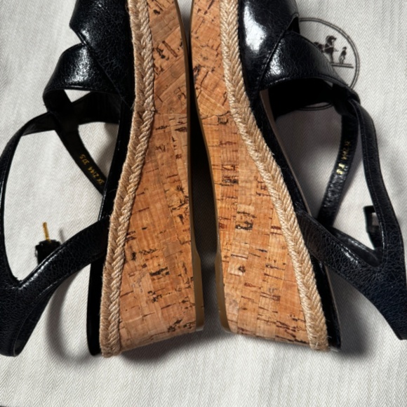 PRADA BLACK LEATHER ESPADRILLE SANDALS WEDGES SIZE 38 - Picture 3 of 7